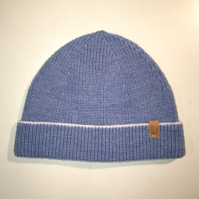 Sky-coloured Knitted Merino Wool Hat With Contrast Stripe in Pearl Size M/L