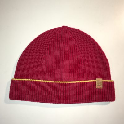 Cherry-coloured Knitted Merino Wool Hat With Contrast Stripe in the Colour Lemon Size M/L