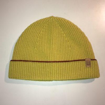Lemon-coloured Knitted Merino Wool Hat With Contrast Stripe in Brick Size M/L